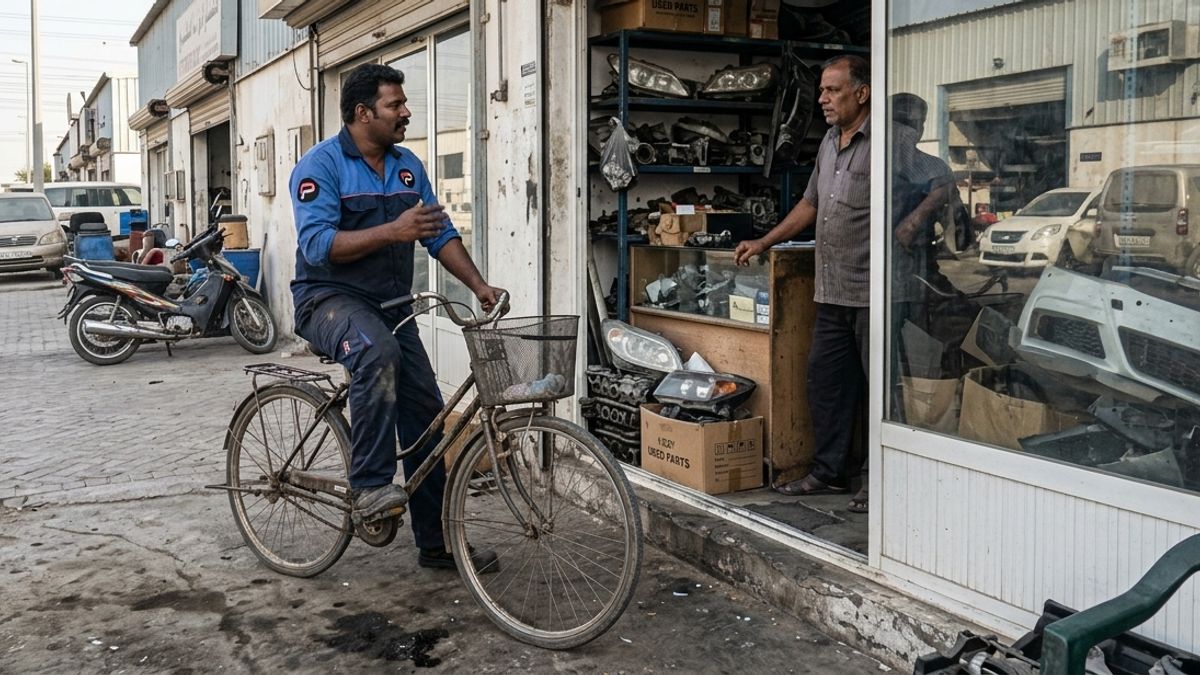 A Get Parts finder talking with a supplier at a used-parts shop in the market