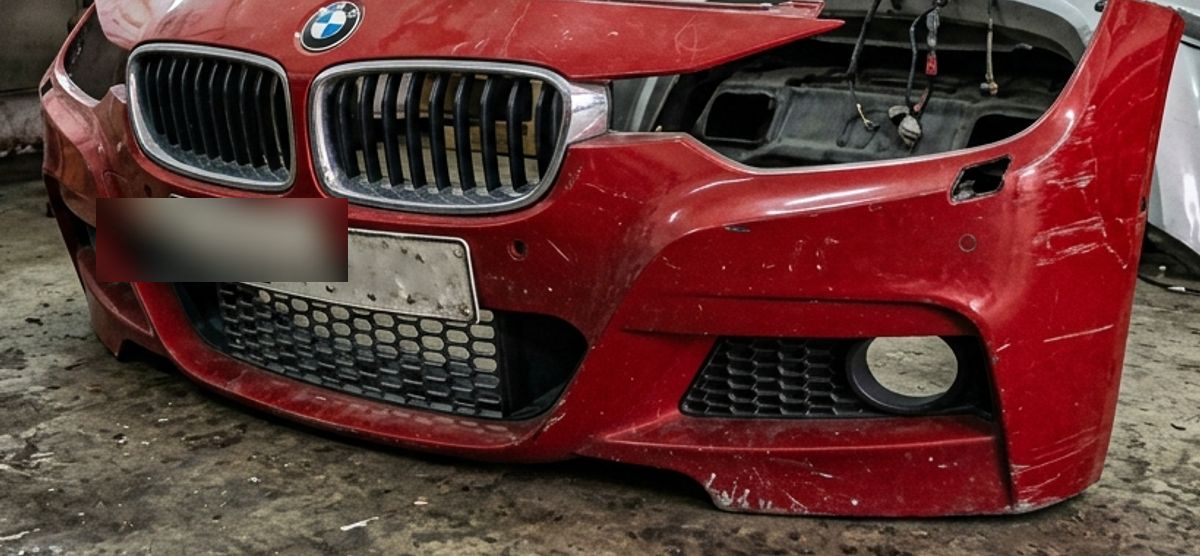 Used BMW 3 Series front bumper, red, visible scuffs — sample option A